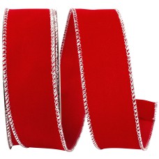 1.5 Inch Red Velvet Wired Ribbon, Metallic Silver Edges, 10 Yards Spool (1 Spool) SALE ITEM